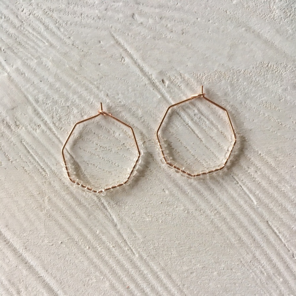 Simple Rose Gold Hexagon Earrings with Clear Beads